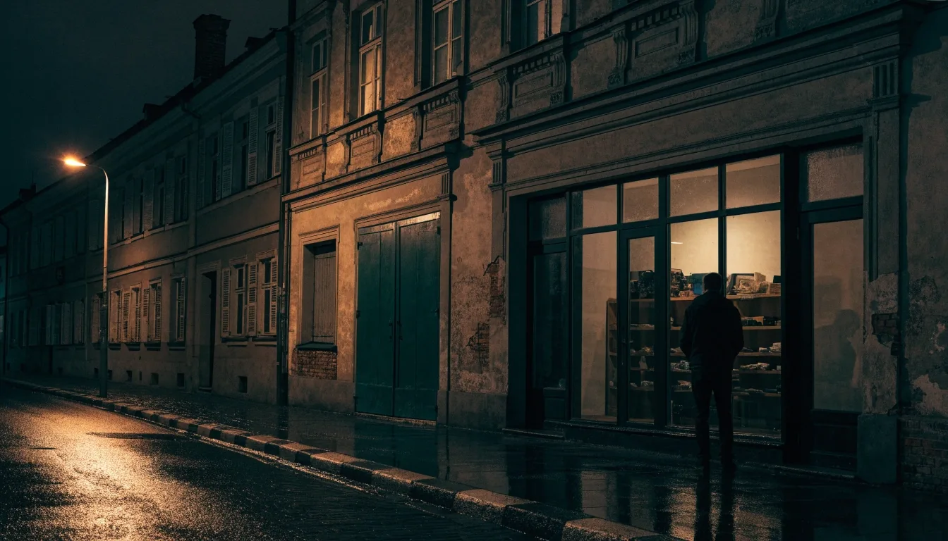 Nocna witryna sklepowa na rogu warszawskiej kamienicy, światło sodowe odbite w mokrej szybie, postać odwrócona tyłem