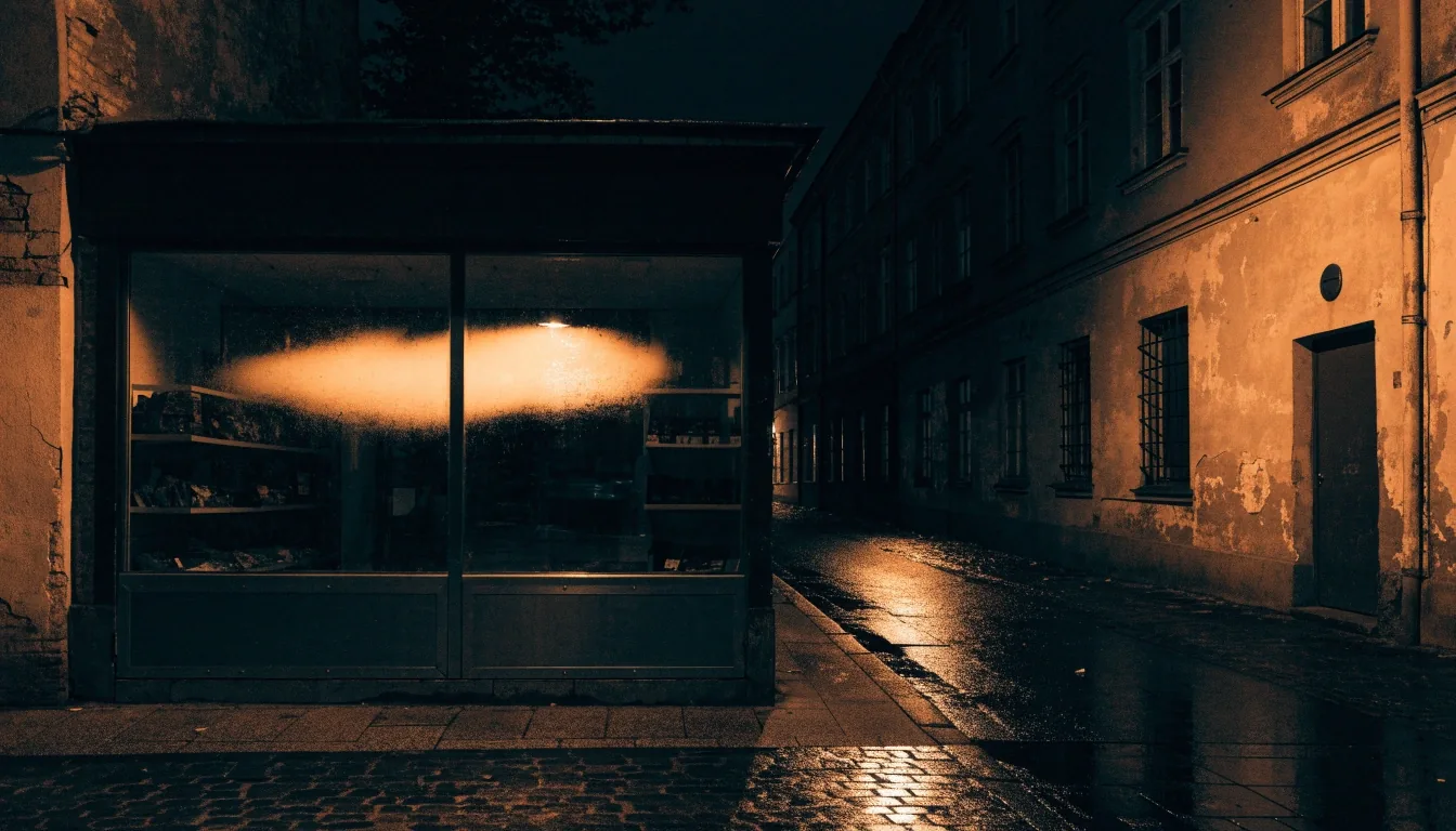 Nocna witryna kiosku z odbiciem ulicznej lampy na szybie
